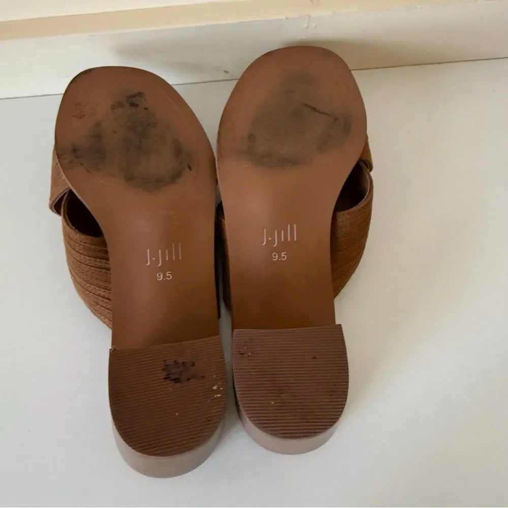 J.JILL Slide Block Heel Womens Sandals Sz 9.5 brown Wide X Strap Minimalist